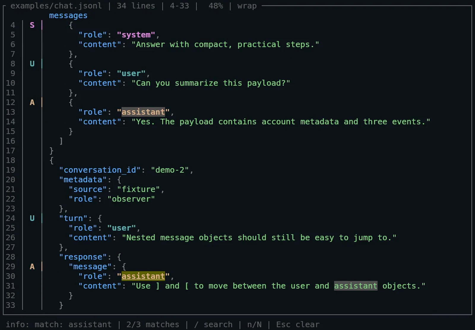 fmtview terminal interface displaying highlighted structured data