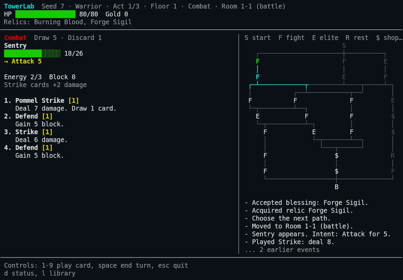 TowerLab running inside a terminal with cards, enemy intent, and combat log